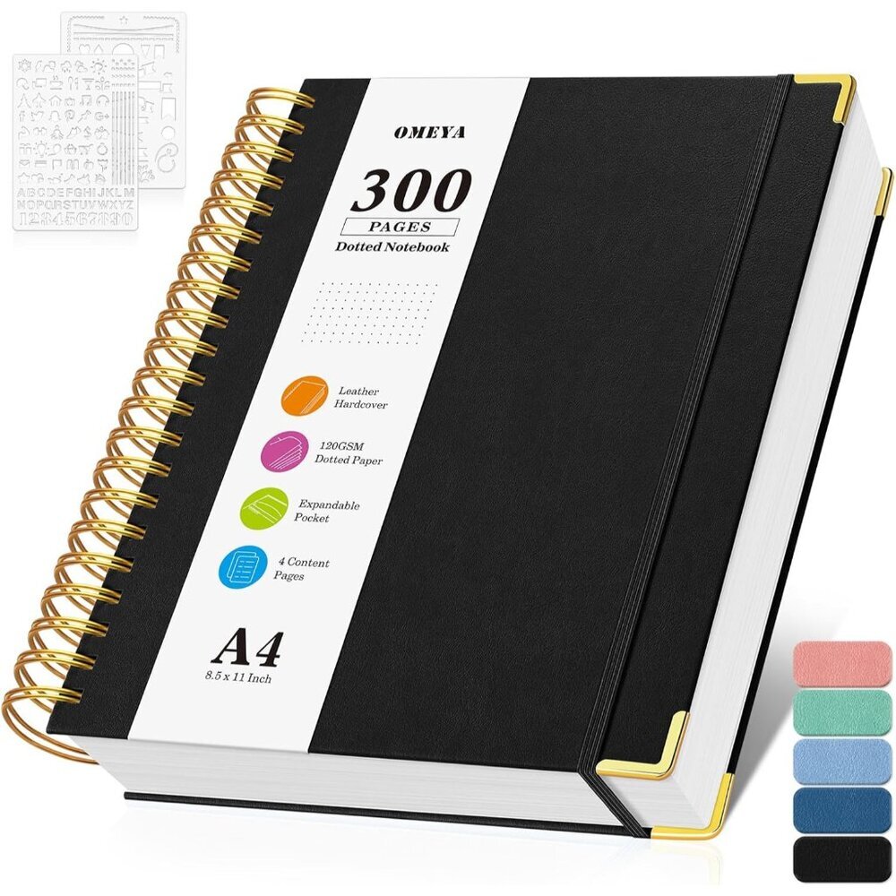 Bullet Dotted Journal Spiral Notebook, 300 Pages Leather Notebooks with Contens,